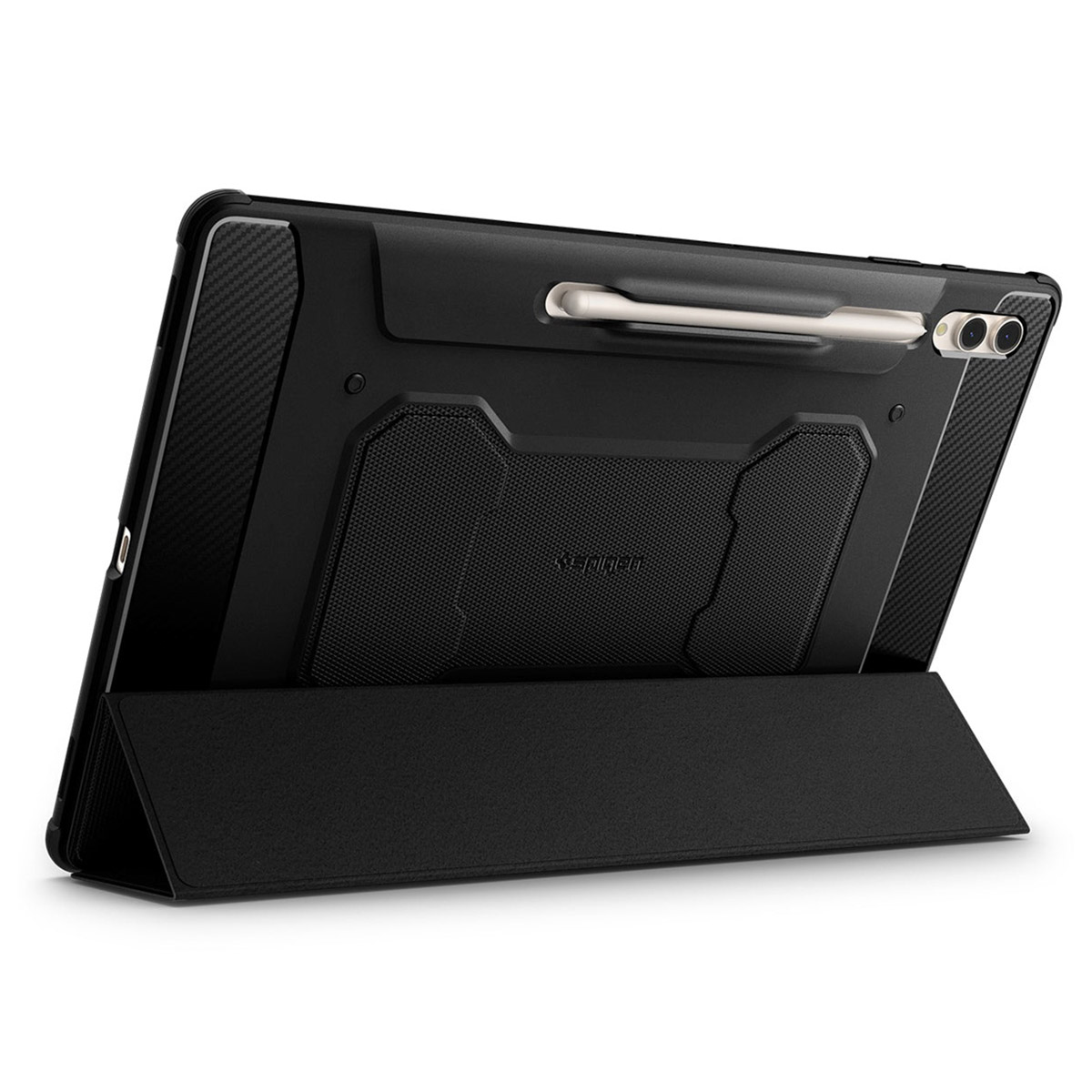 Black tablet case with a stand. The case is folded. White background.