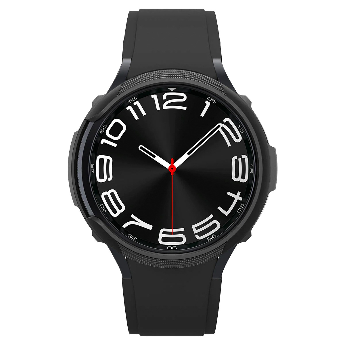 Zwarte smartwatch met een zwarte band. De wijzerplaat is zwart met witte nummers.