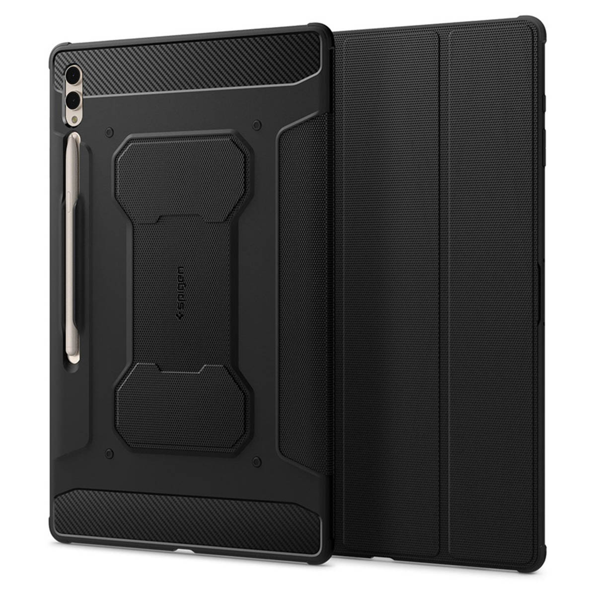 Black tablet case. The case is open, showing the tablet and pen. Carbon fiber texture and Spigen logo.