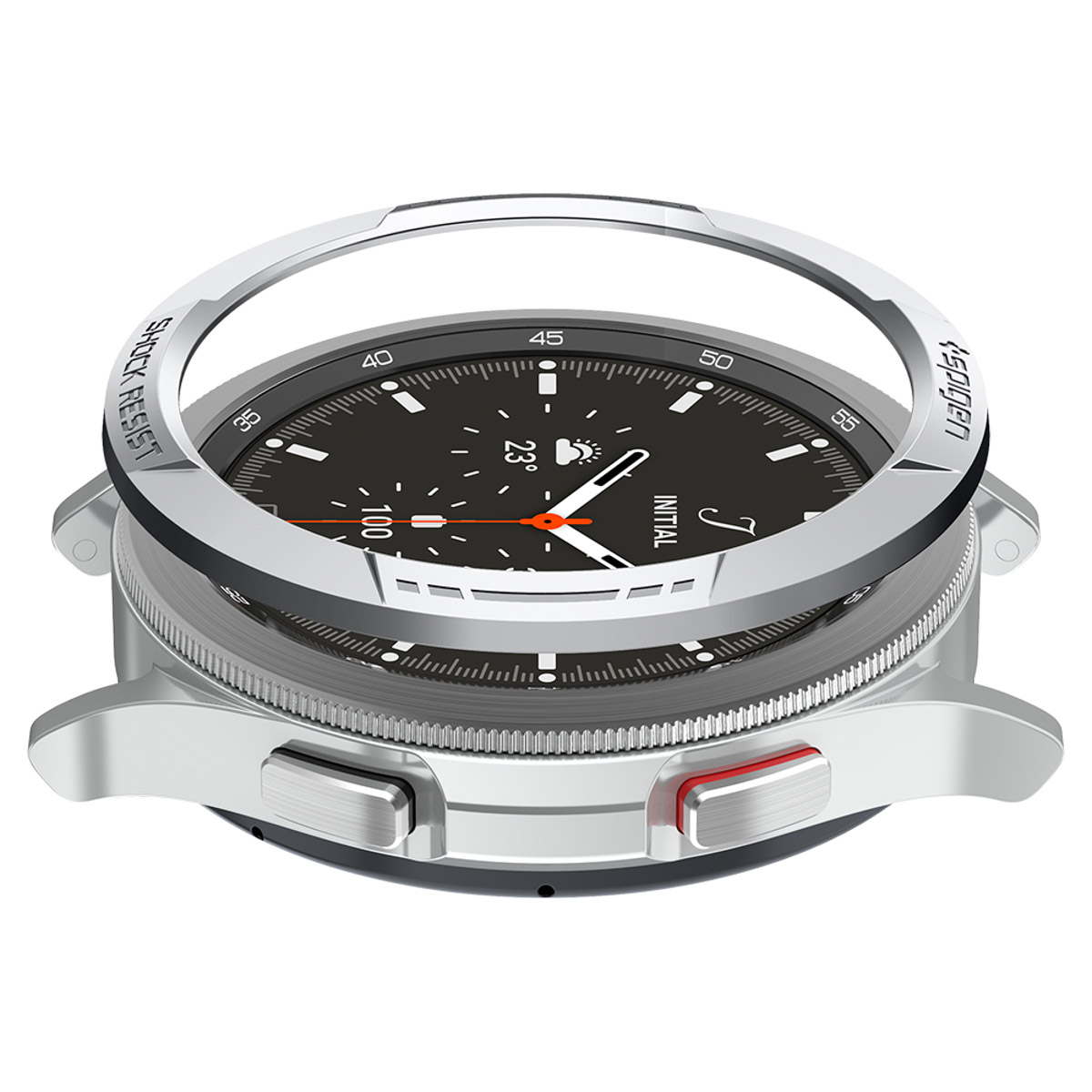 Zilveren smartwatch met een zwarte wijzerplaat. Een transparant frame is rondom het horloge geïnstalleerd.