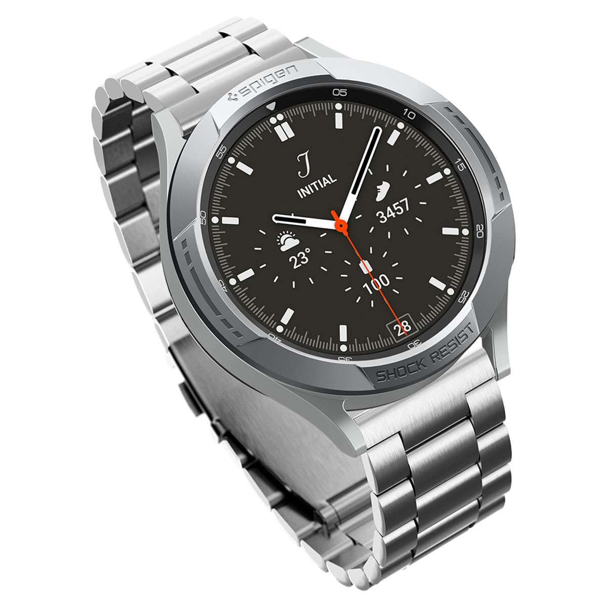 Zilveren smartwatch met een zilveren band, de wijzerplaat is zichtbaar. Witte achtergrond.