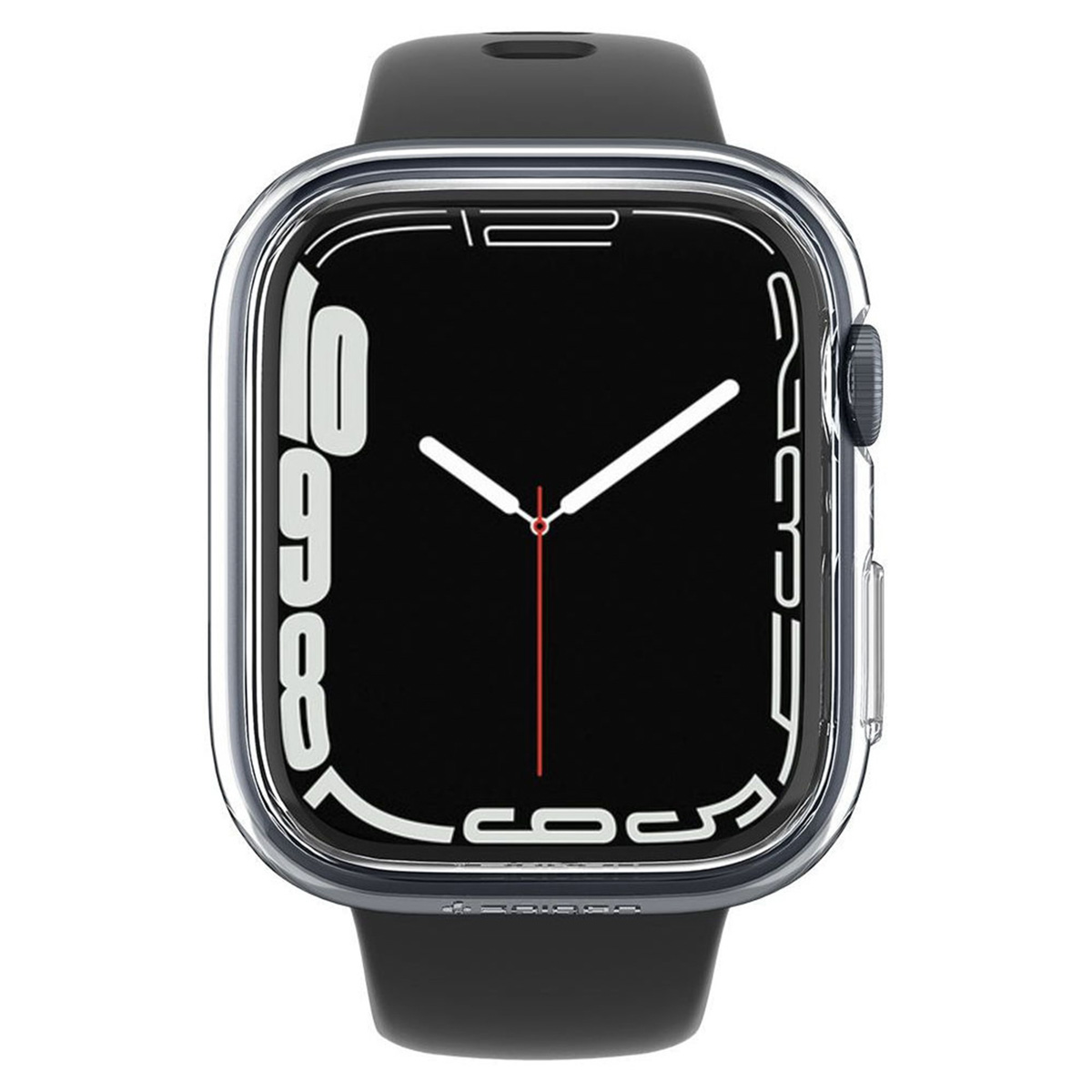 Czarny smartwatch z przezroczystą obudową ochronną, czarnym paskiem i tarczą z dużymi cyframi.
