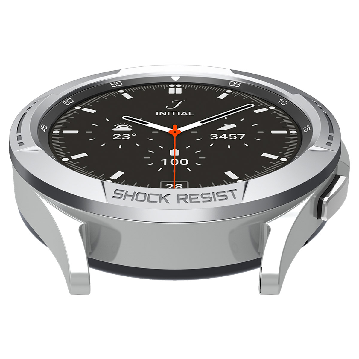 Zilveren horloge met zwart display, toont tijd en gegevens.