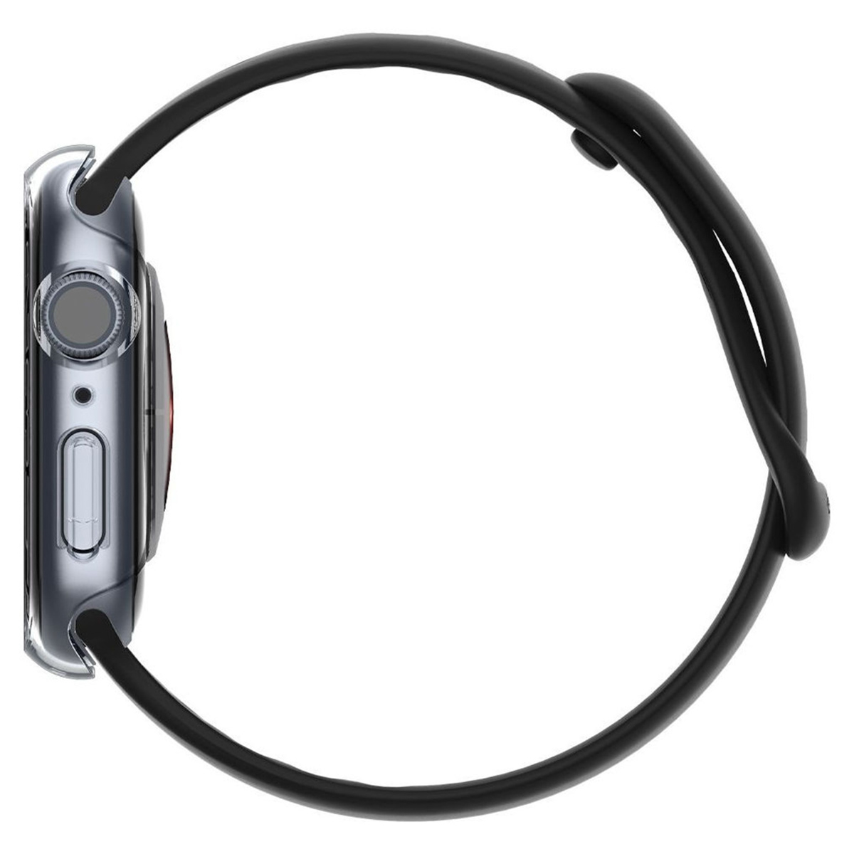 Apple Watch z przezroczystym etui i czarnym paskiem. Widok z boku.
