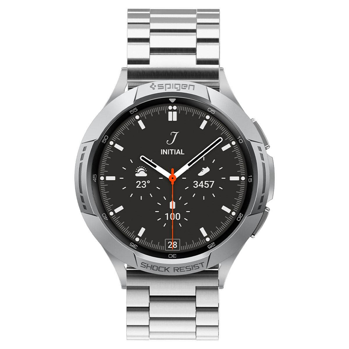 Zilveren smartwatch met een zwarte wijzerplaat en zilveren band. Het toont de tijd.