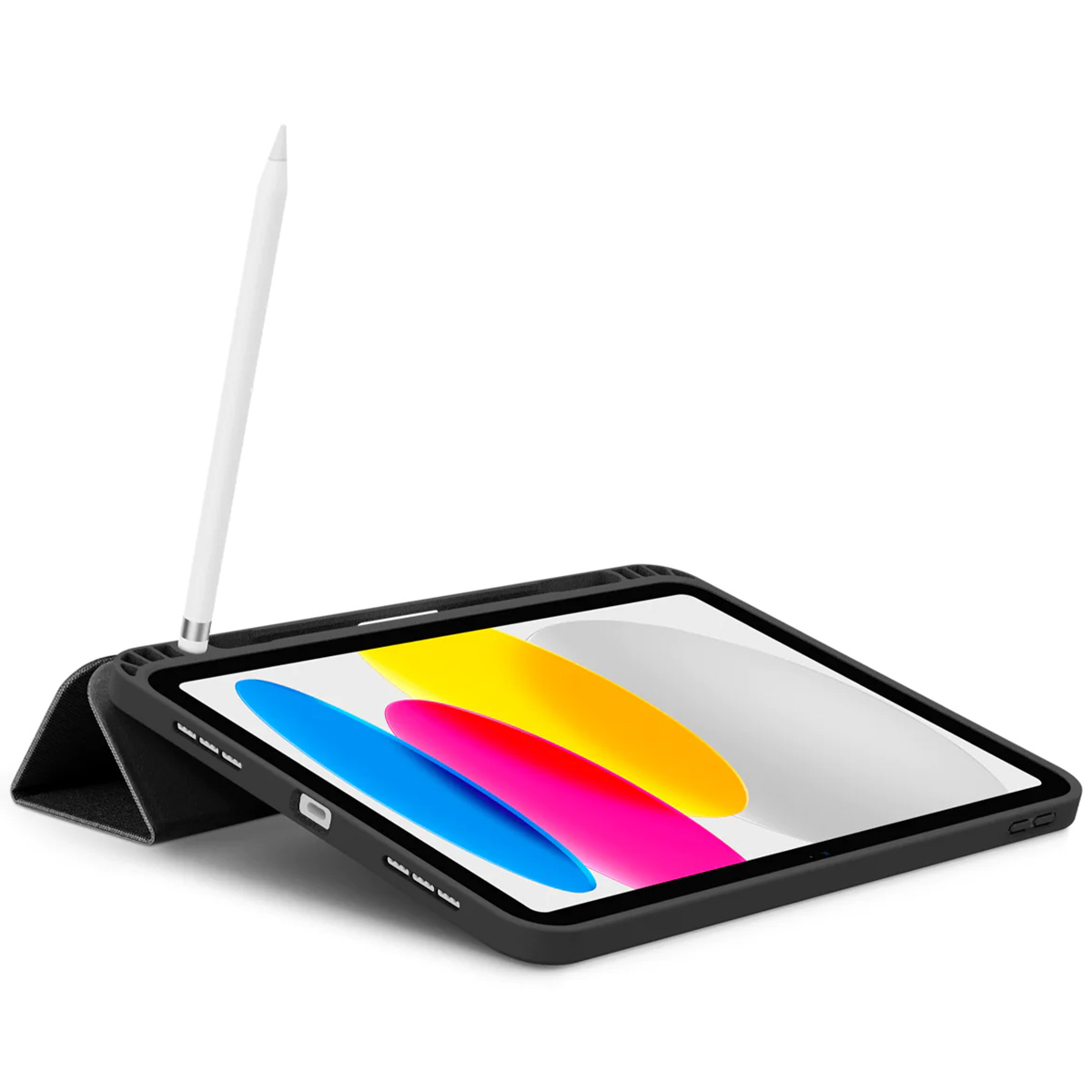 Black tablet in a case, with a white stylus. Tablet has colorful background.