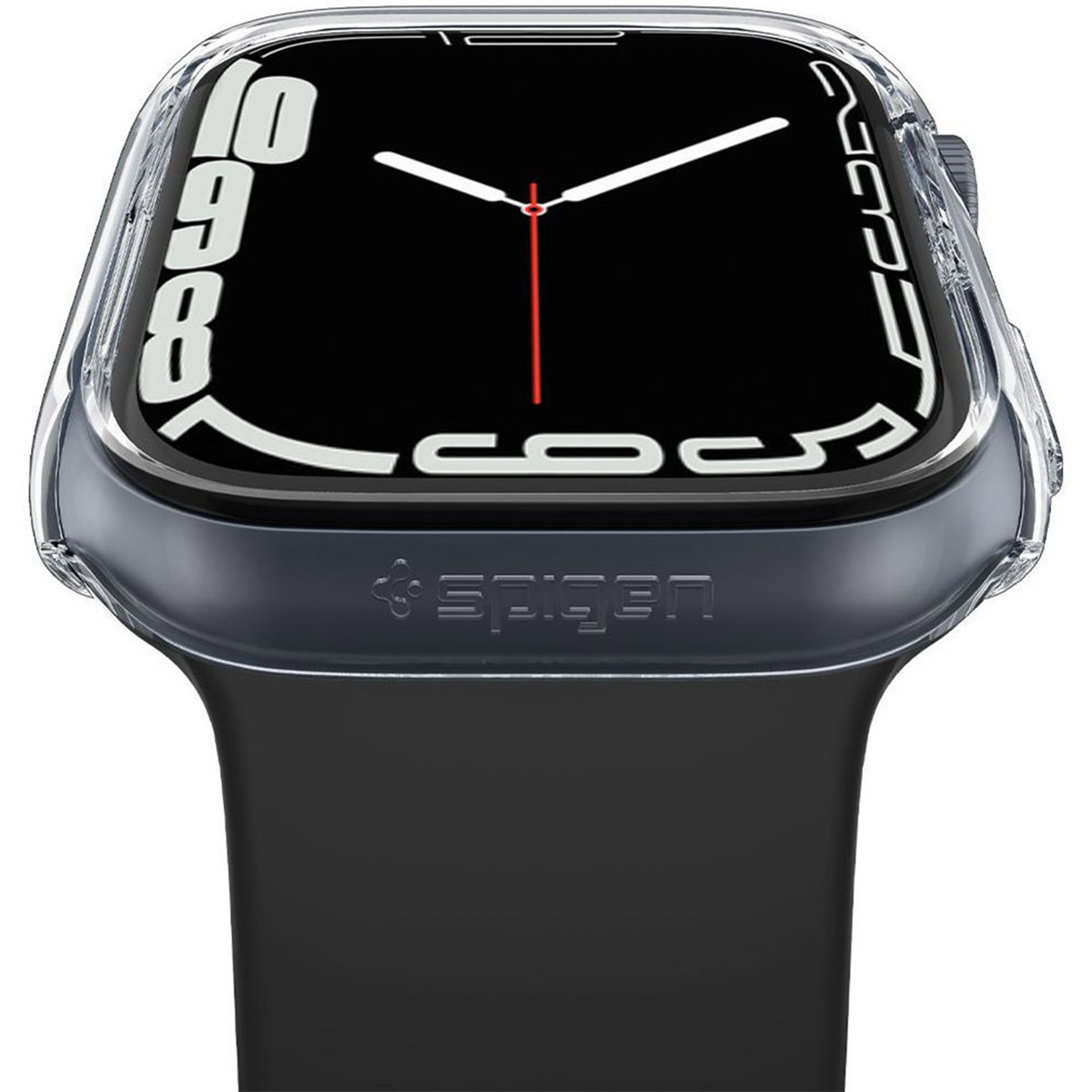 Ciemny Apple Watch w przezroczystym etui Spigen, z czarnym paskiem.