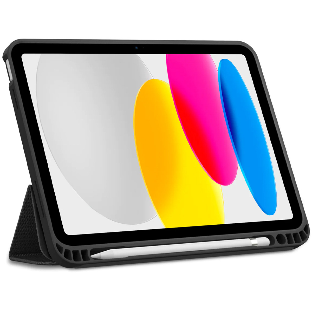 Tablet in a black case with a stylus. The case is open. The screen displays colorful graphics.