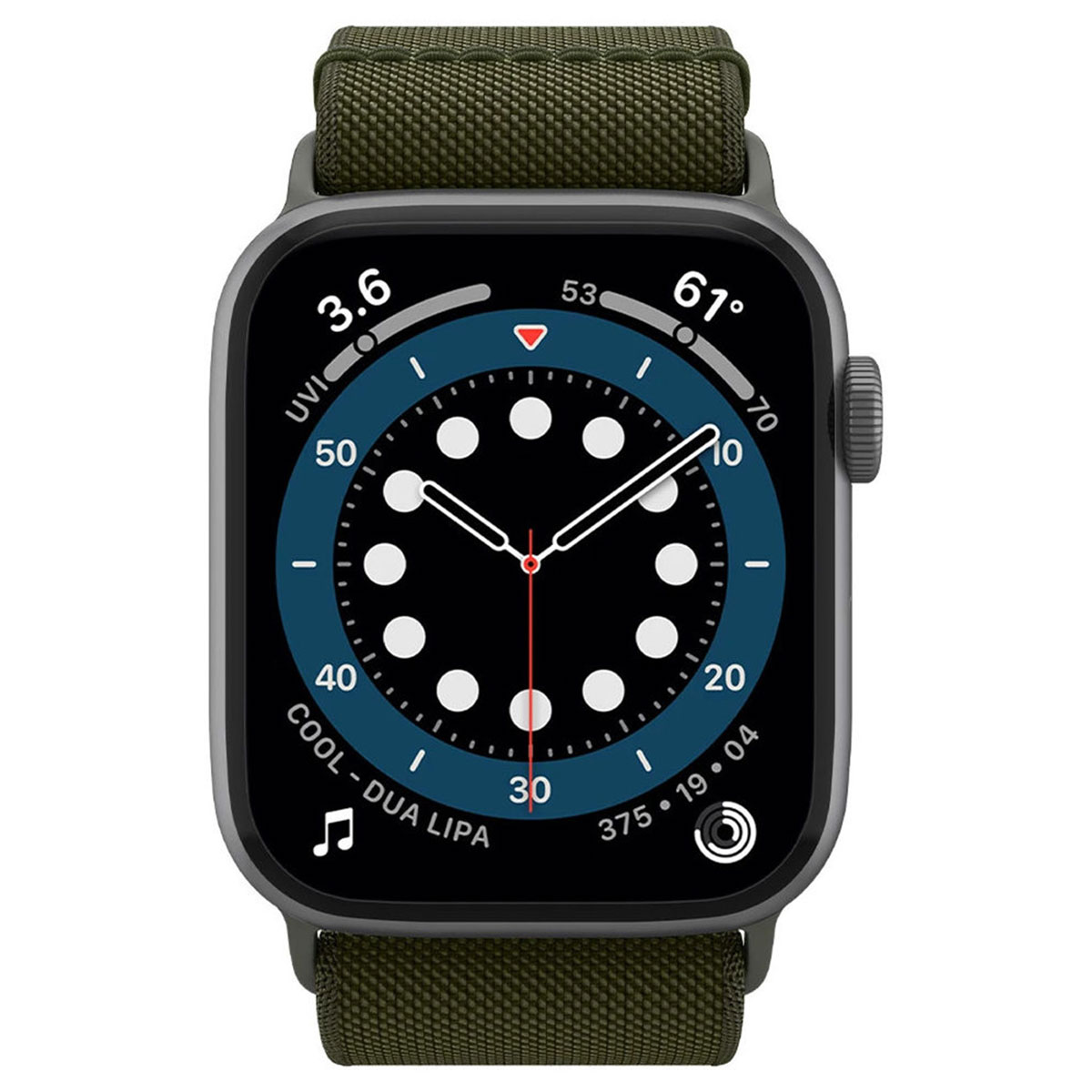 Black smartwatch with a green band. The screen displays time and data. White background.