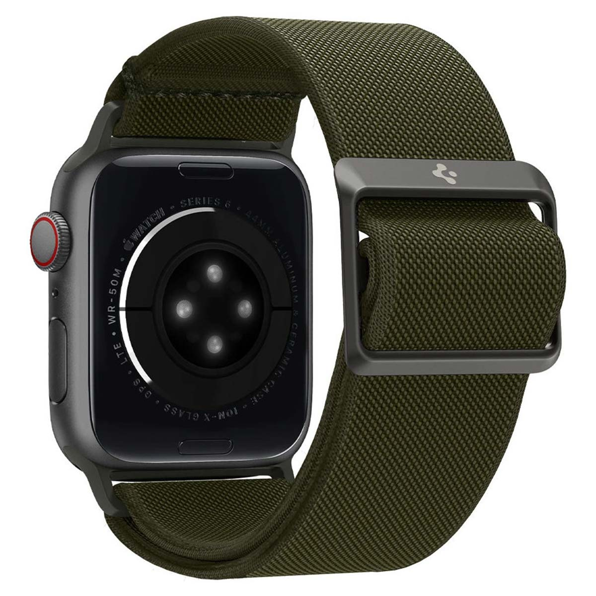 An Apple watch with green sport loop band. The watch is black and the band is green.