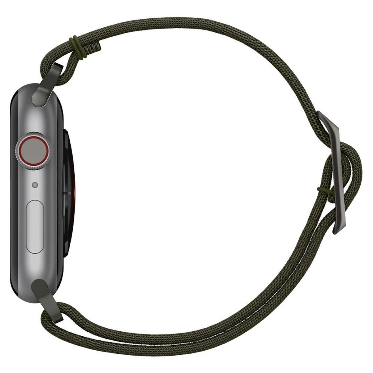 Smartwatch on the side with green strap. Silver watch. White background.