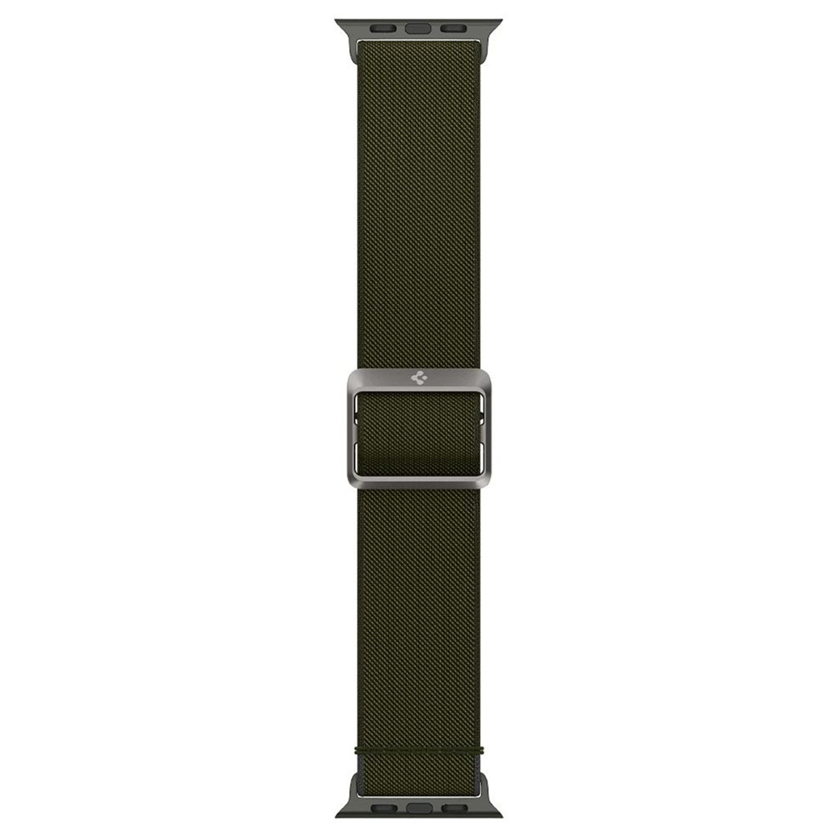 Green watch band with a silver buckle. The band is green. Silver buckle in the center.