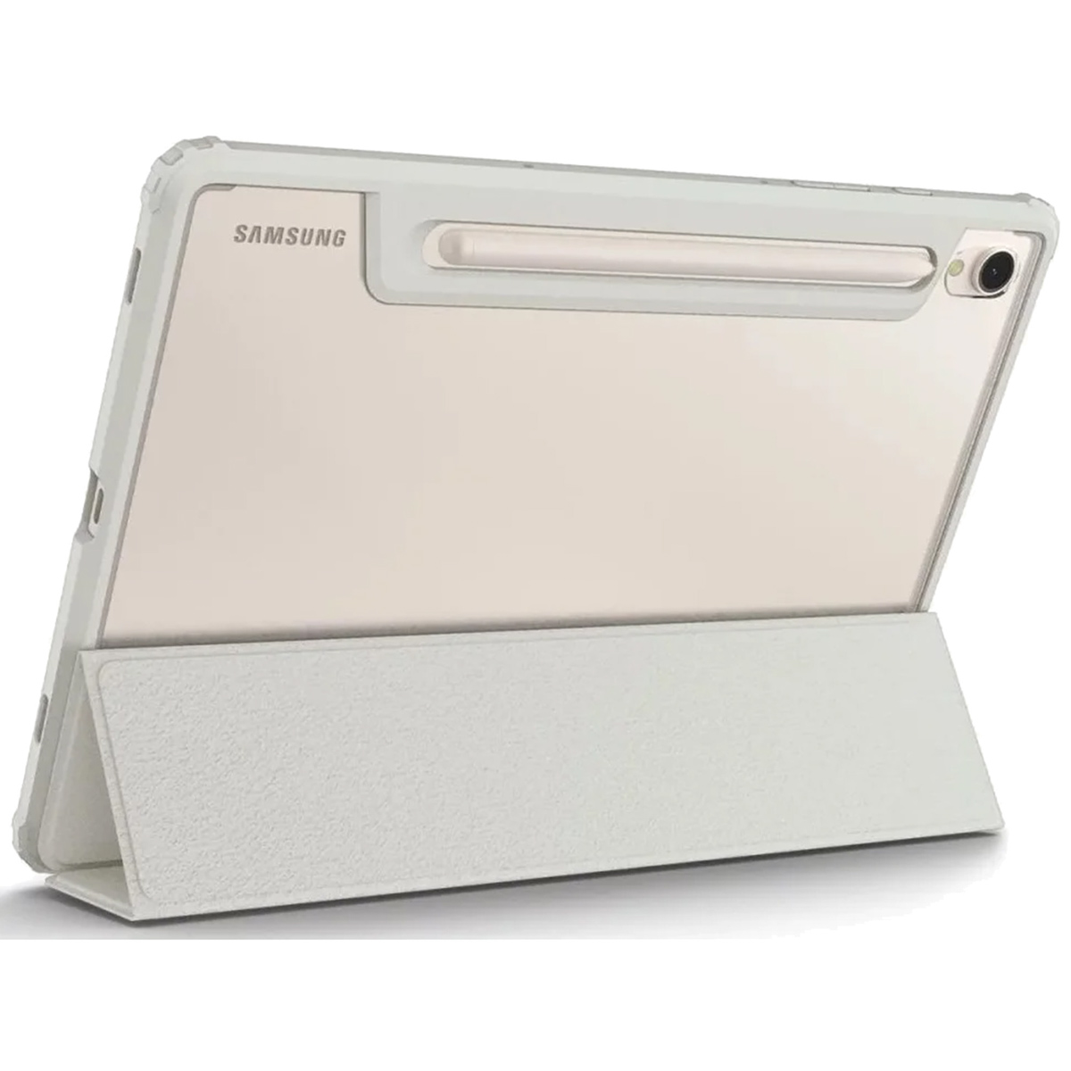 White tablet case with a white fabric cover folded into a stand, with a stylus.