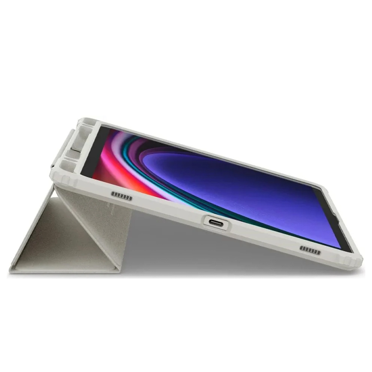 Tablet in a white case, propped up, showing the screen.