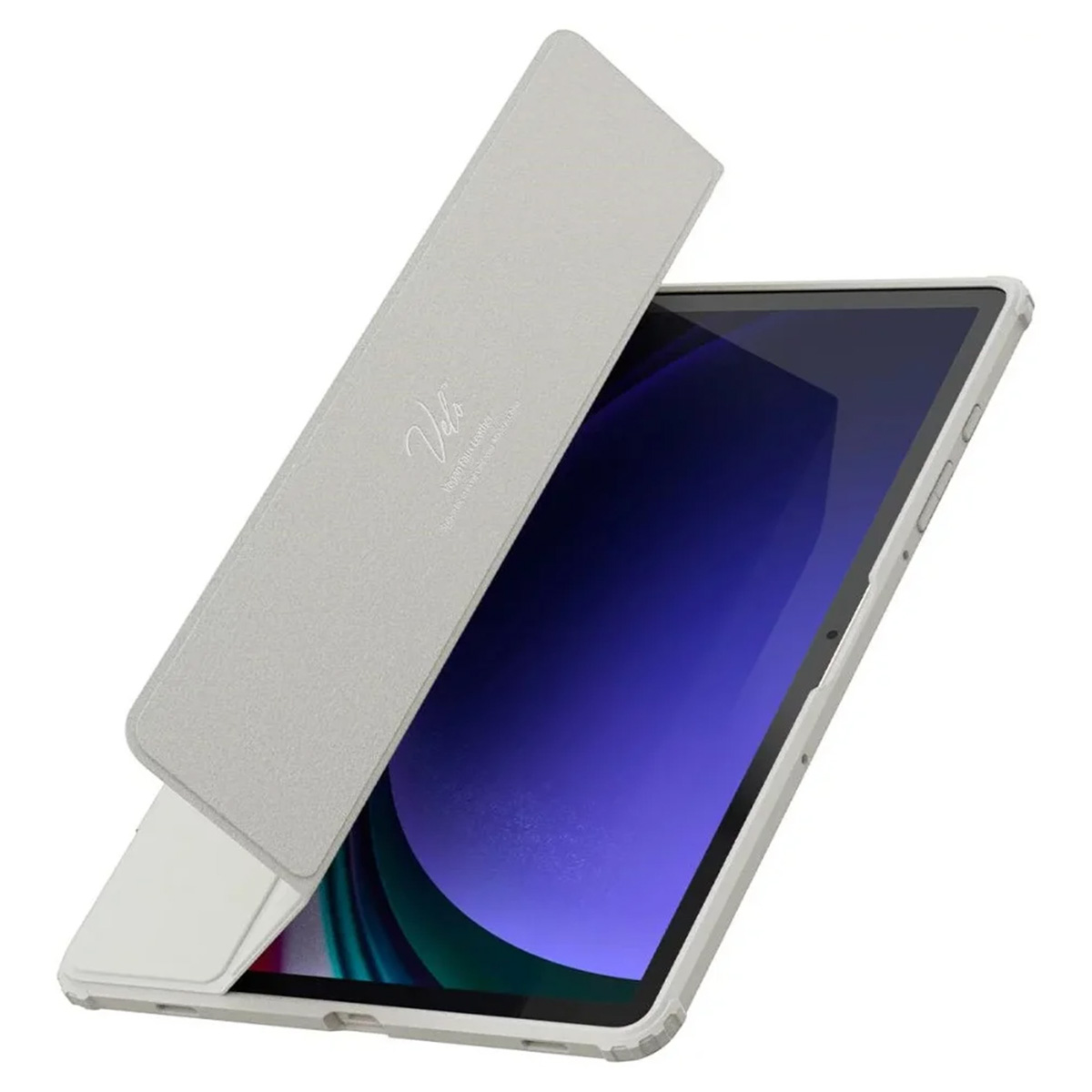 Tablet with a light grey case, half open, showing the screen.