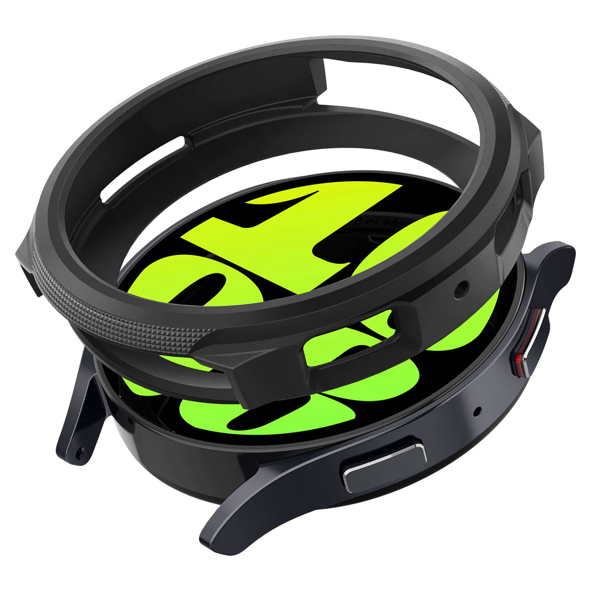 Czarna osłona tarczy zegarka na zegarku. Osłona zakrywa tarczę zegarka.