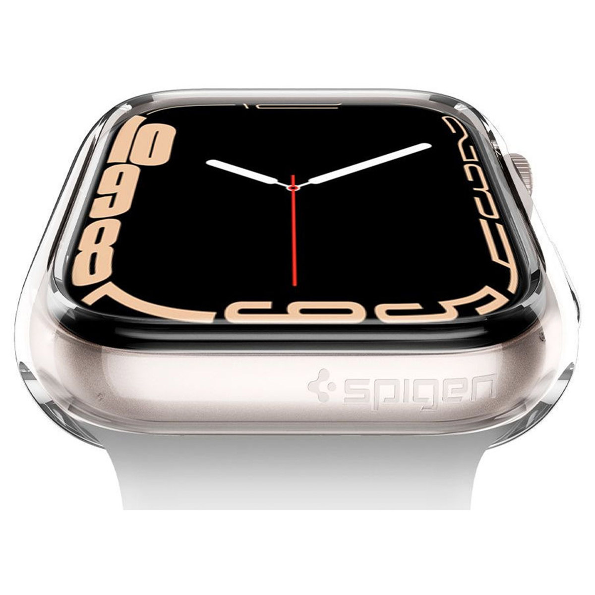 Watch with a transparent case. Watch face with the number 10 and 8. White strap.