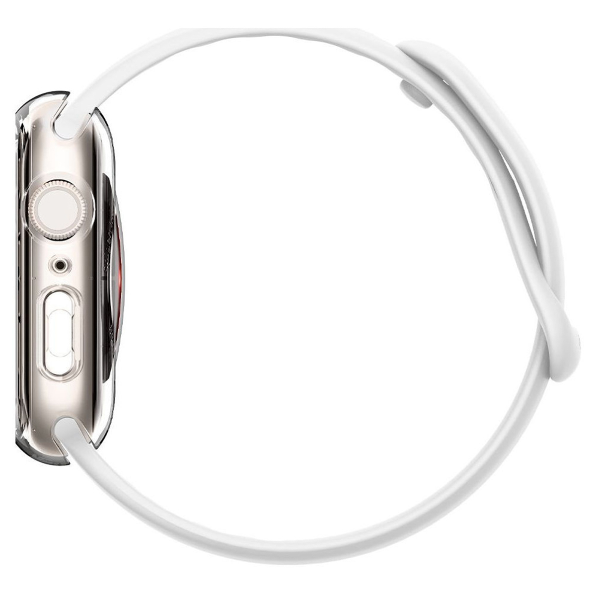 Silver watch on a white band. The side of the watch is visible.
