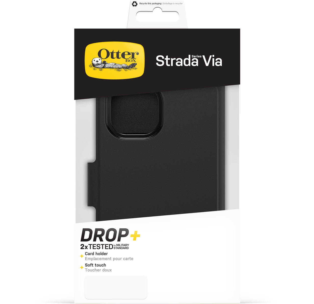 Schwarze OtterBox Strada Via Handyhülle mit "DROP+" Logo und Kartenfach.