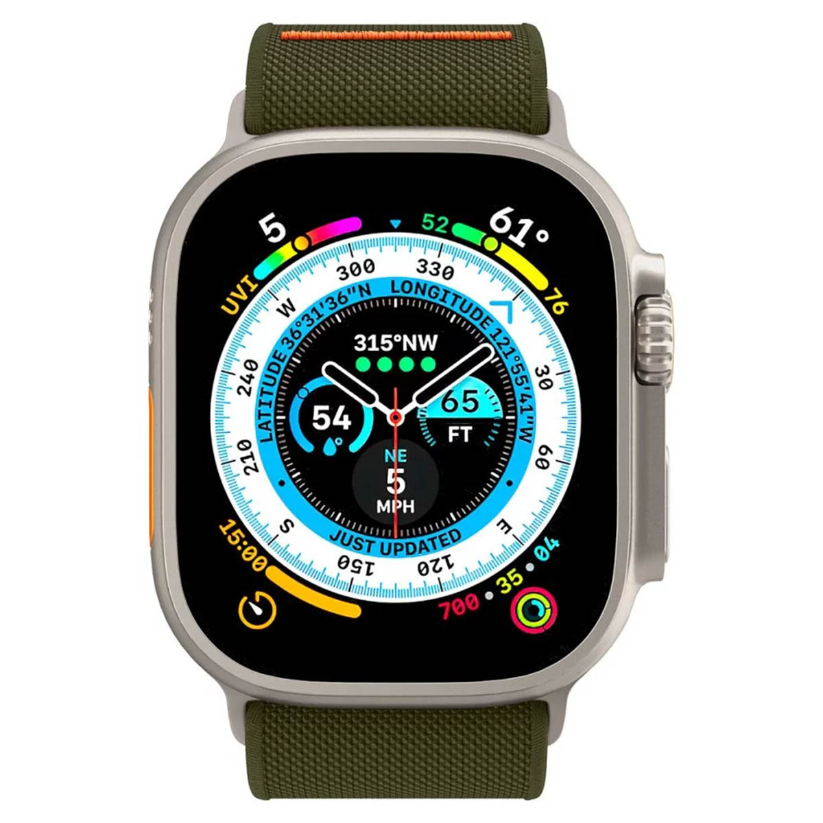 Silver smartwatch with a green band. The watch face displays data including time, altitude, and compass directions.