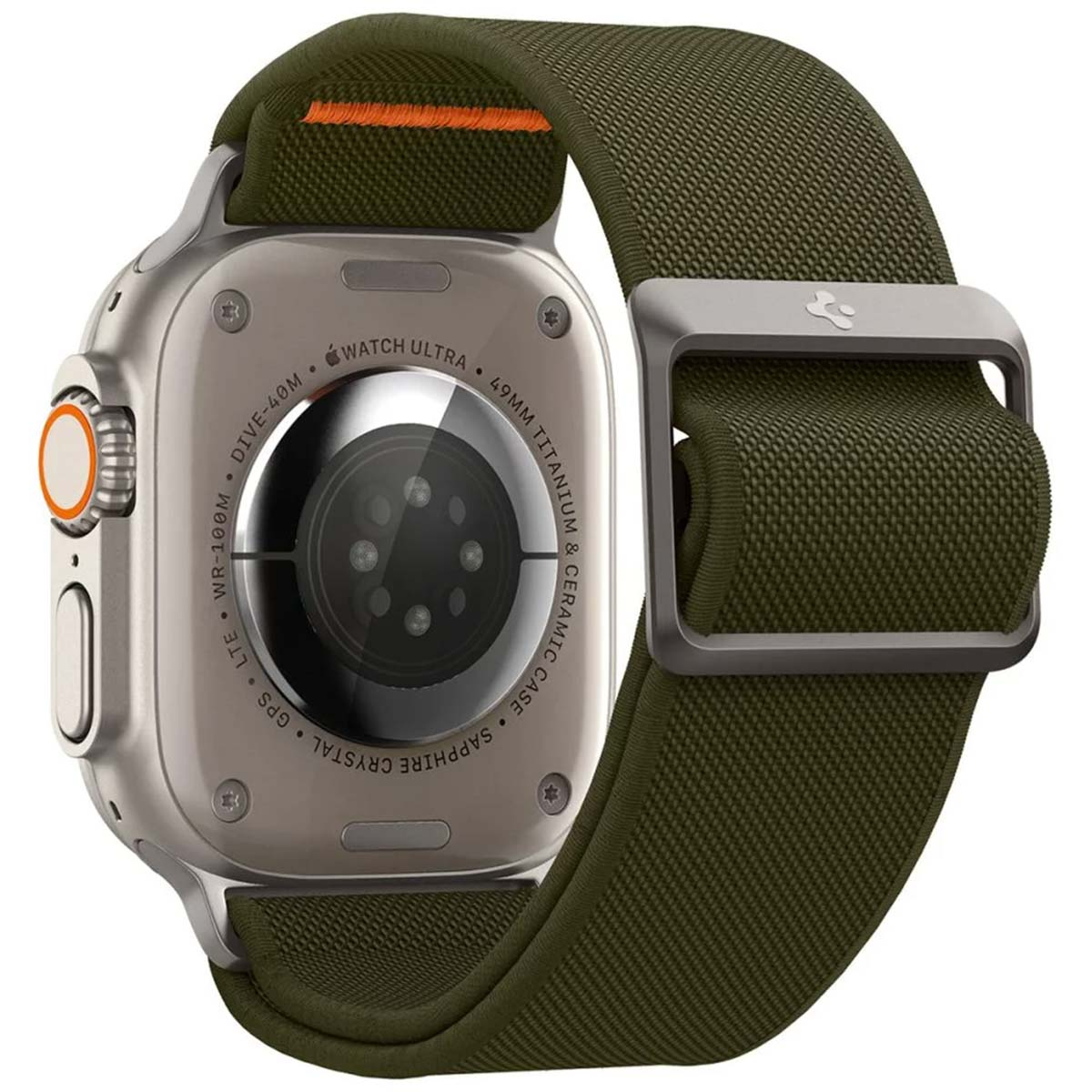 Silver smartwatch with a green strap. The back of the watch is visible. White surface.