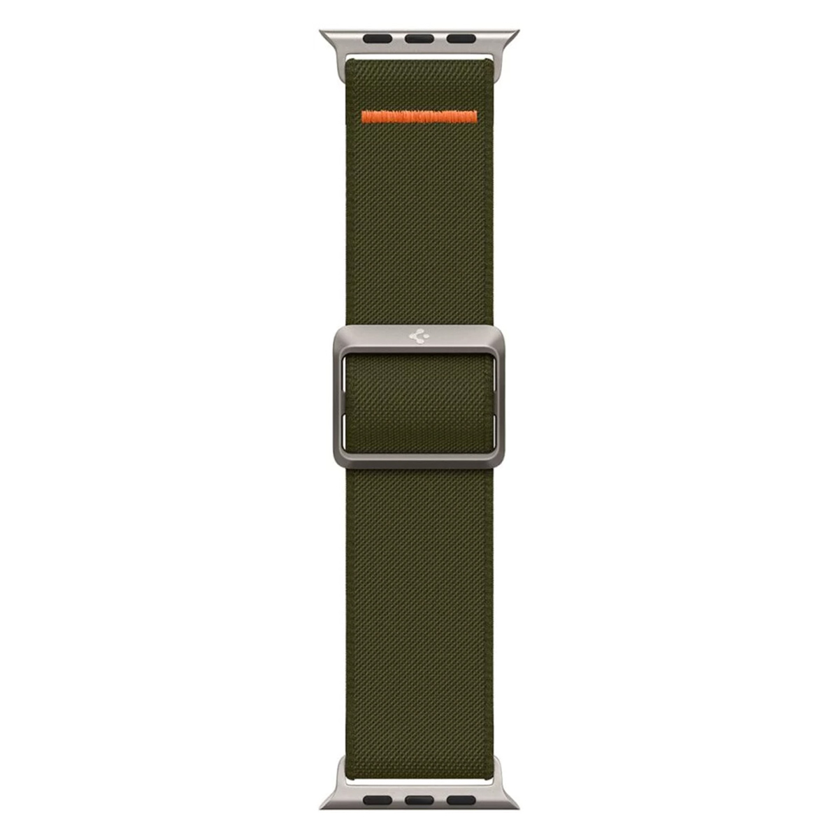 Watch band with olive green strap and silver accents. Orange stripe on the strap.