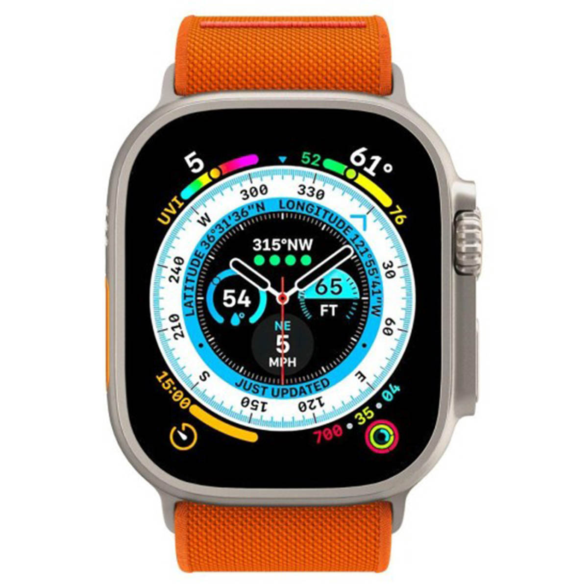 Silver watch with orange strap. The watch face shows time, navigation, and health metrics.