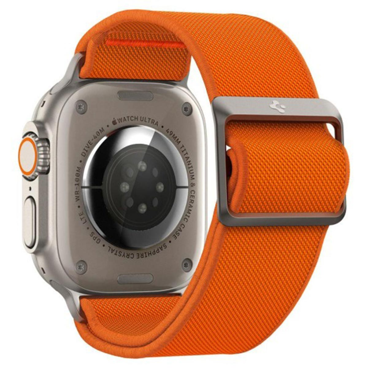 Silver smartwatch with orange band. The watch has a silver case. The back is visible.