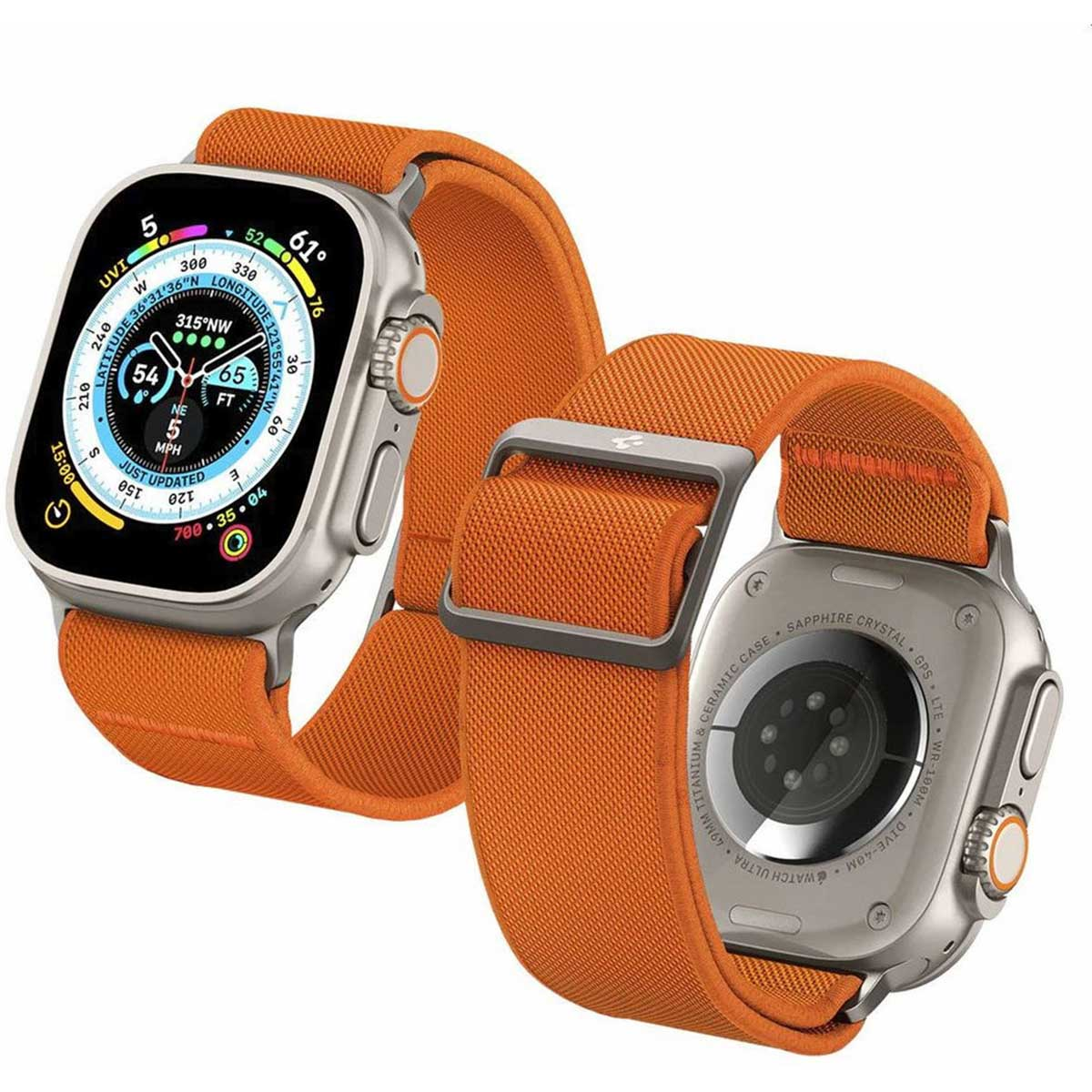 Two watches with orange straps. One watch in front, showing the face. The other behind it.