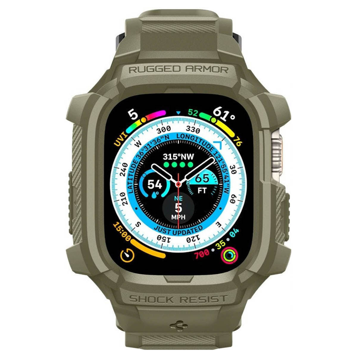 Wytrzymała oliwkowozielona obudowa smartwatcha. Ma wyświetlacz cyfrowy pokazujący kilka wskaźników.