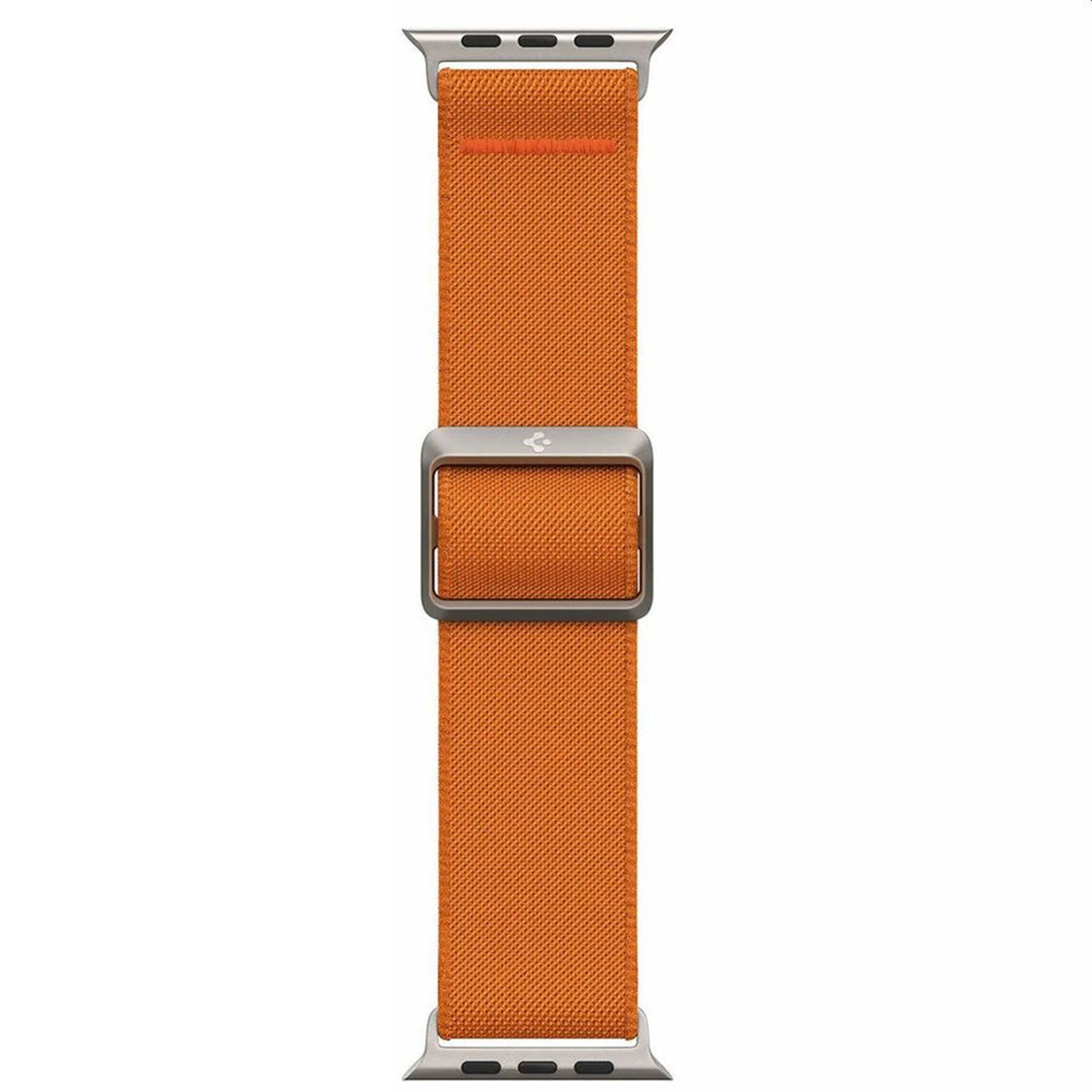 An orange Apple Watch band with a metal buckle on a white background.