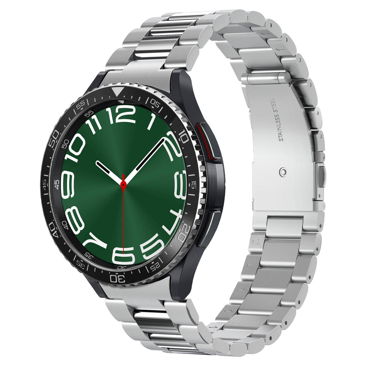 Silberne Smartwatch mit silbernem Armband und grünem Zifferblatt mit weißen Ziffern und Zeigern.