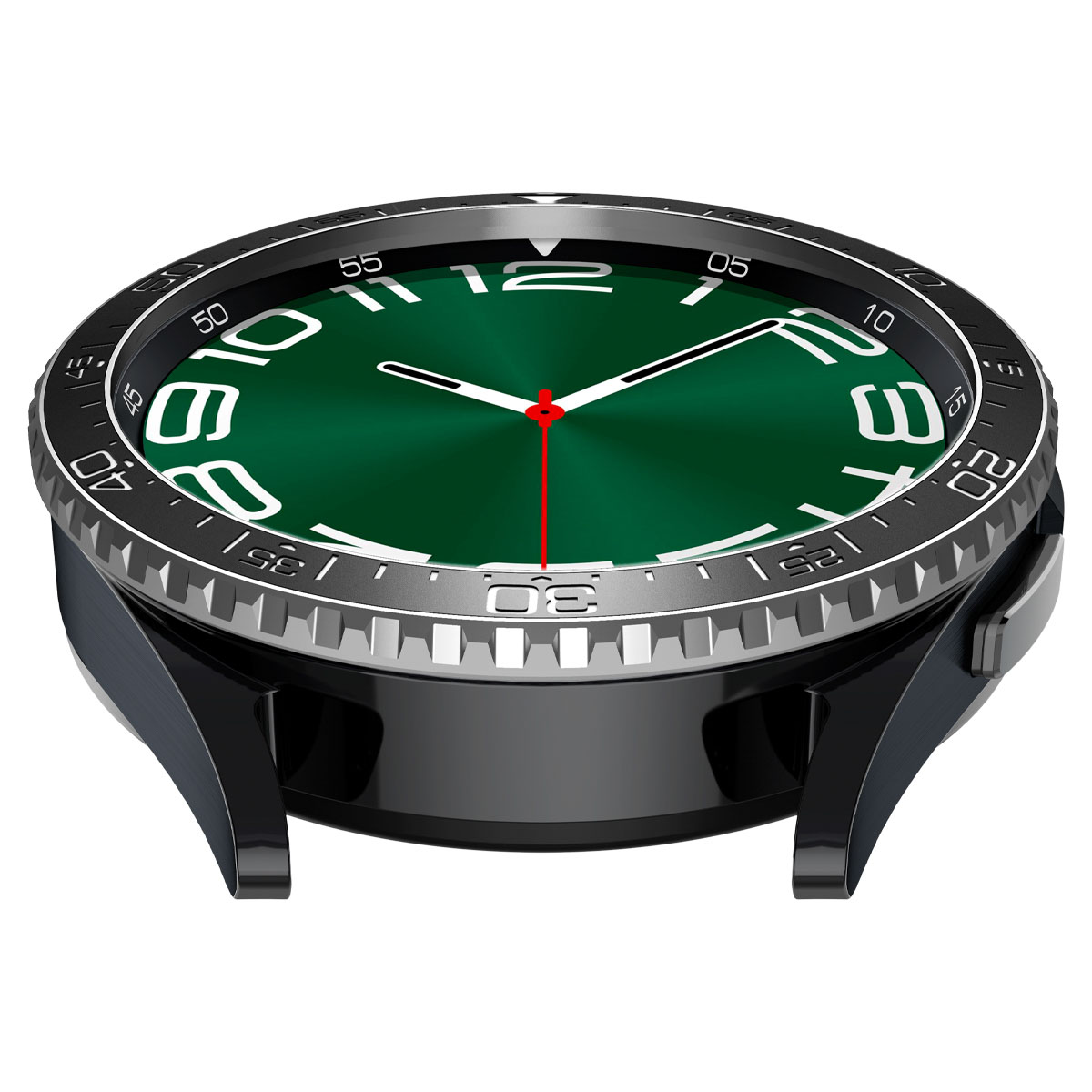 Schwarze Uhr mit grünem Zifferblatt, weißen Zahlen und Zeigern. Schwarzes Gehäuse.