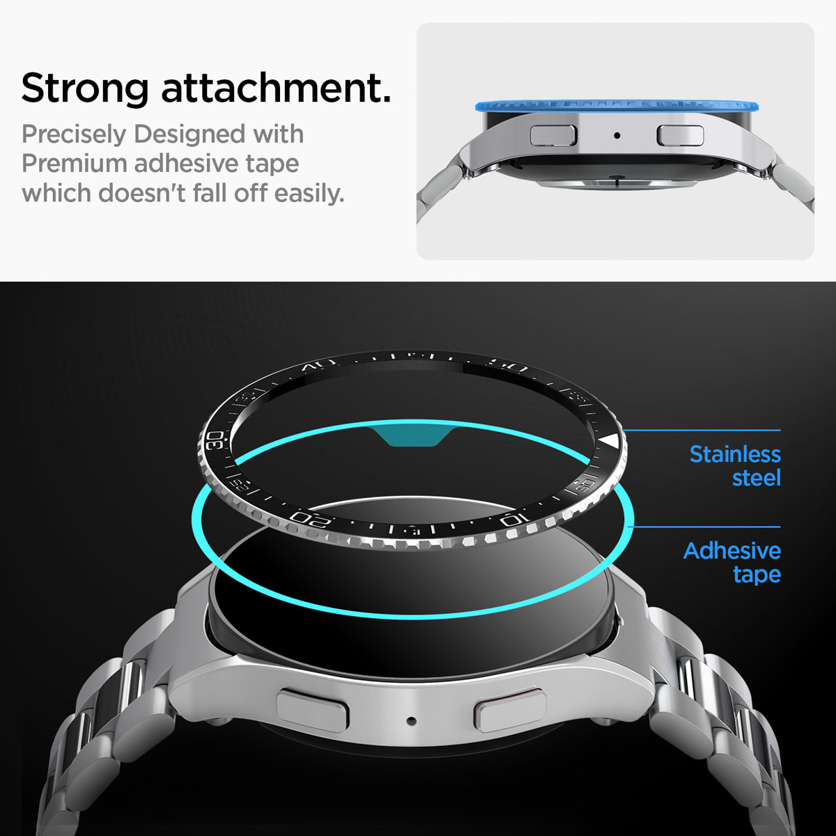 Close-up van een smartwatch-accessoire, een frame en plakband, met de tekst 