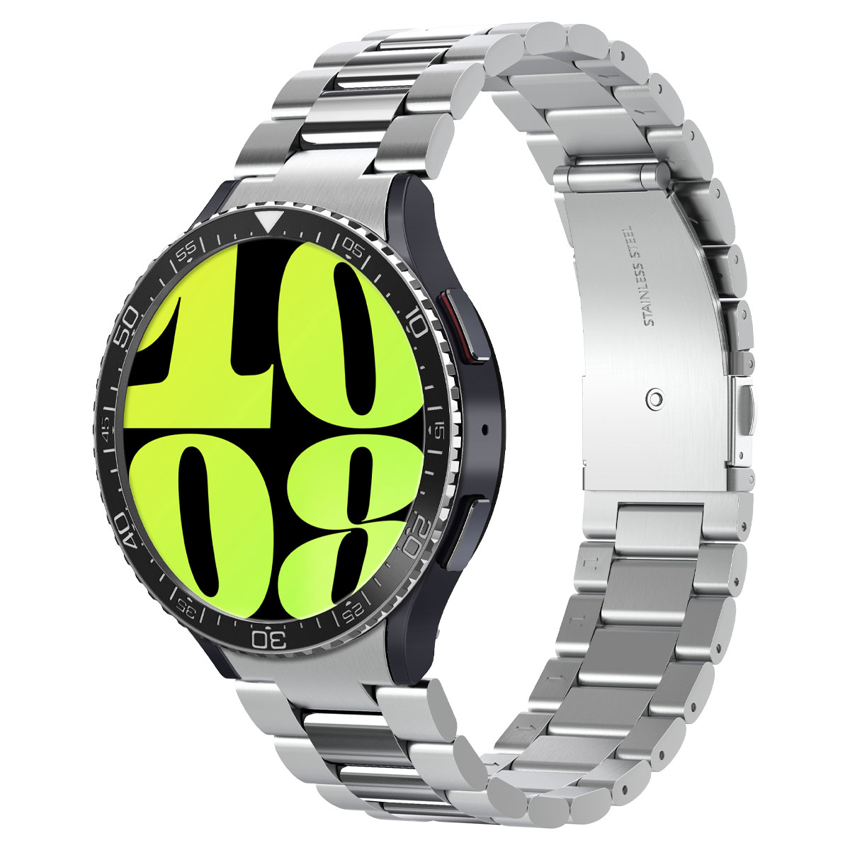 Zilveren horloge met gele wijzerplaat, witte cijfers en wijzers. Zilveren metalen band.