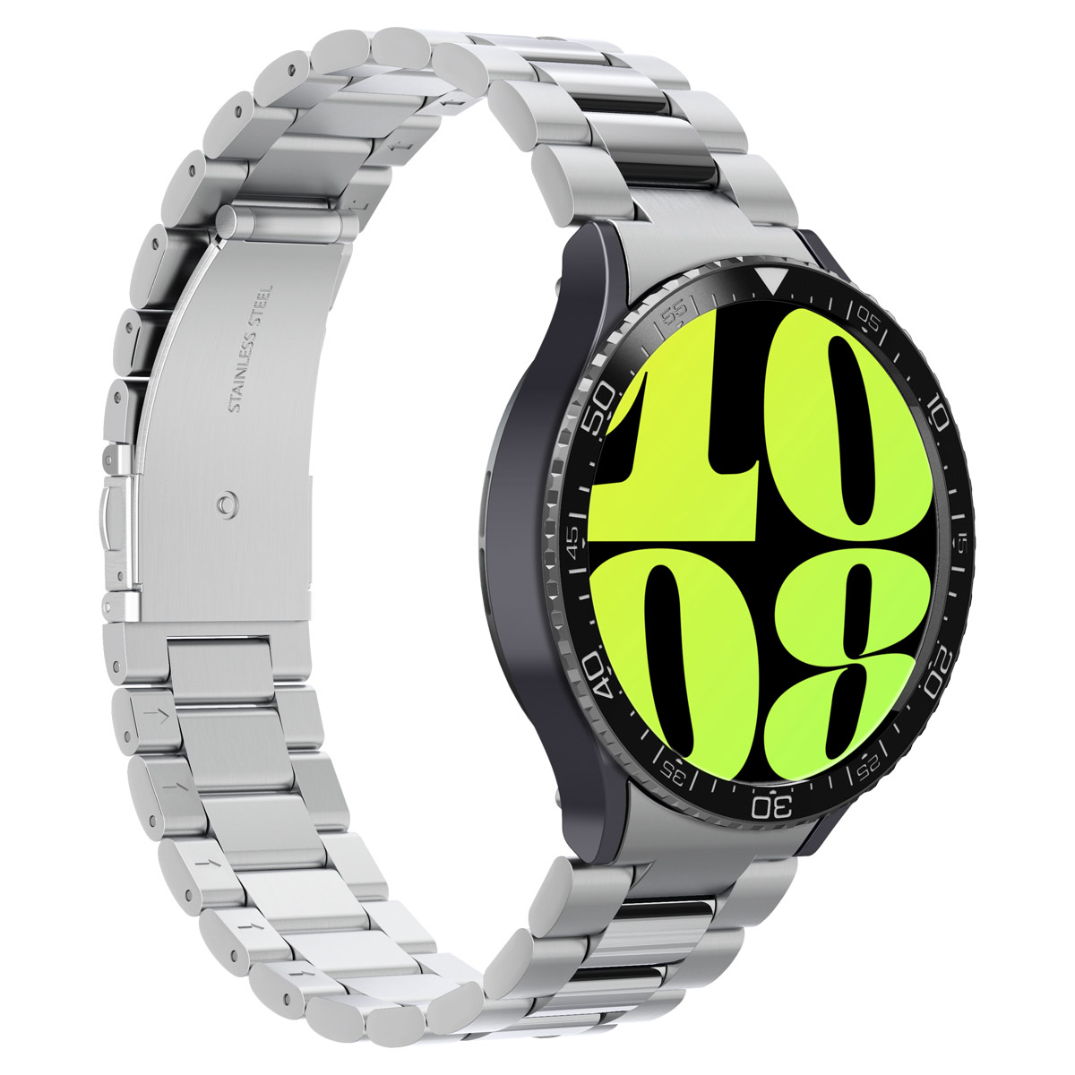 Zwarte smartwatch met zilveren band. De horloge toont een groen display.