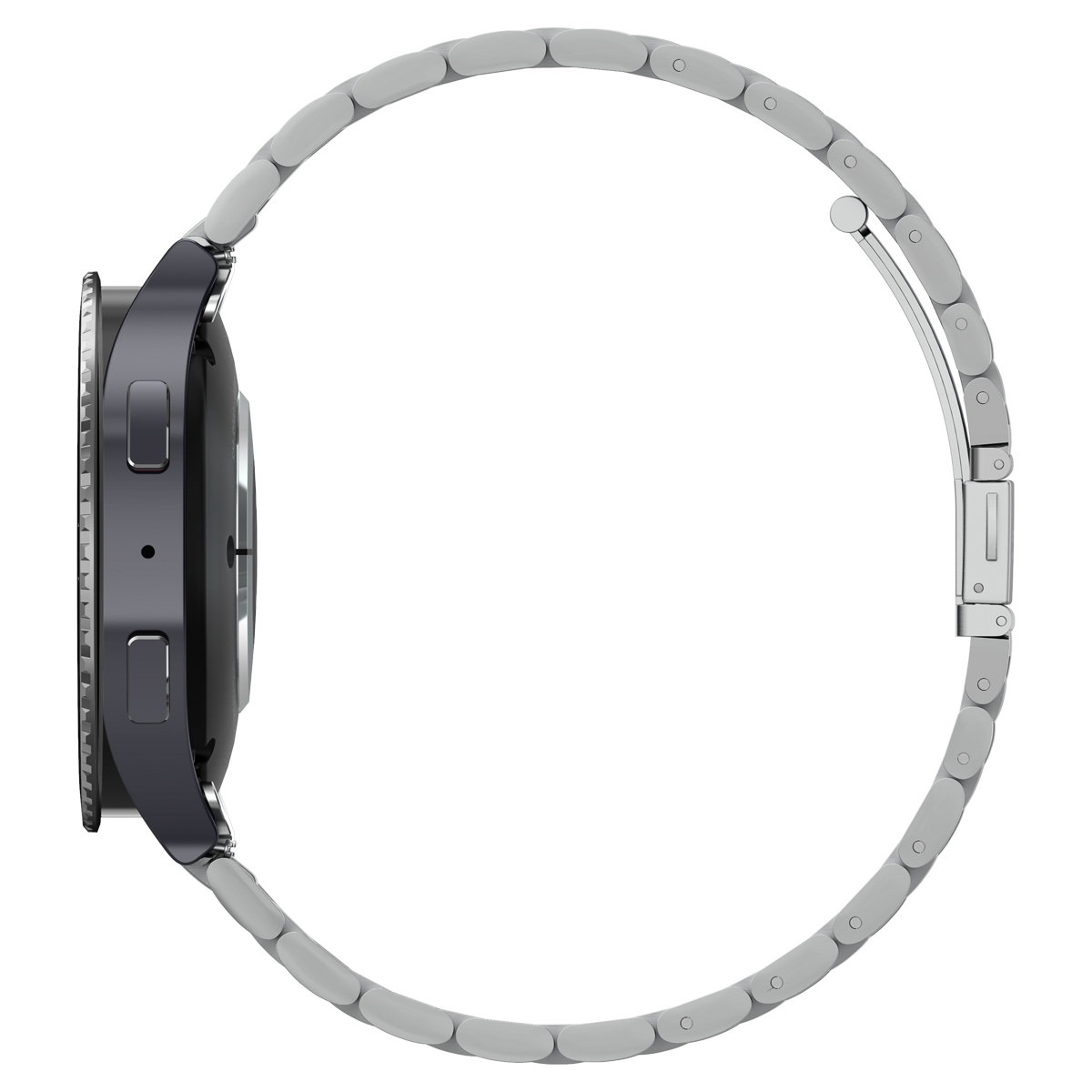 Horloge met stalen band, zijaanzicht, met de wijzerplaat.