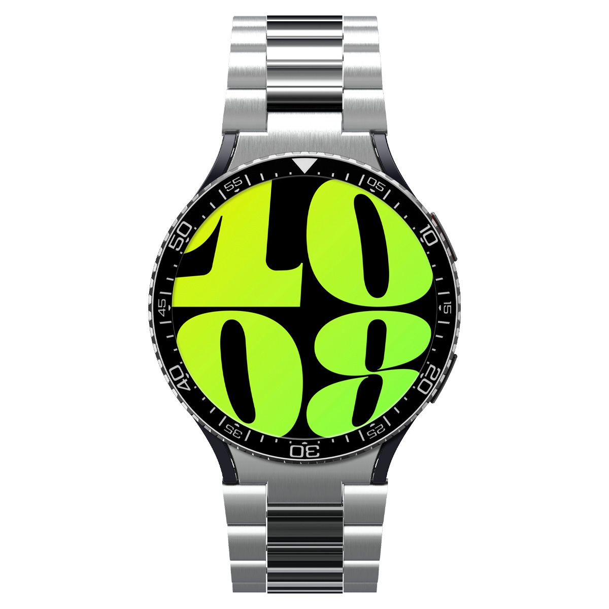 Smartwatch met zilveren band en groene wijzerplaat. Horloge toont de tijd met witte cijfers.