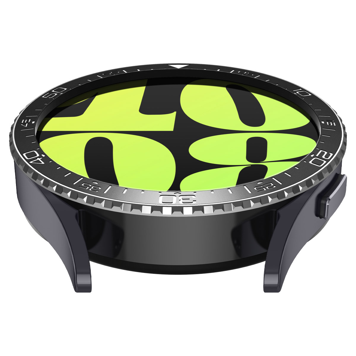 Zwarte smartwatch-wijzerplaat met een geel-groene gradiënt die grote digitale cijfers toont.