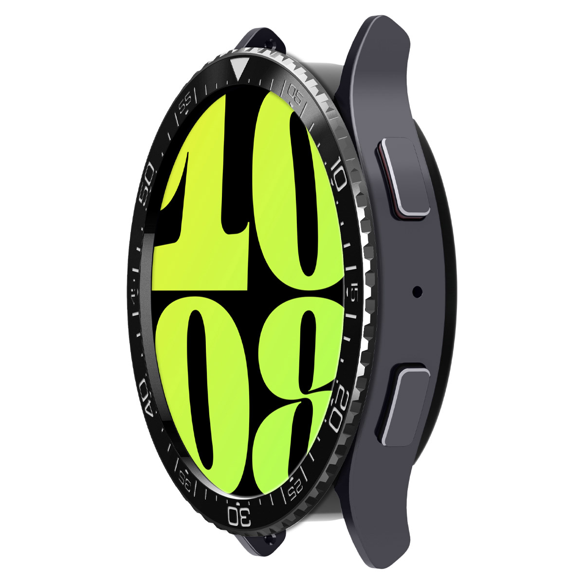 Zwart horloge met een doorzichtige bezel en een zwarte zijkant. De wijzerplaat toont nummers en tijd.