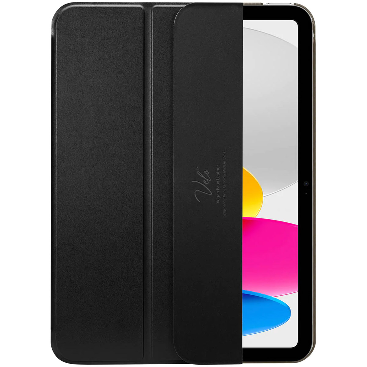 Housse de tablette noire avec couverture avant noire et écran blanc. Elle a une tranche noire.