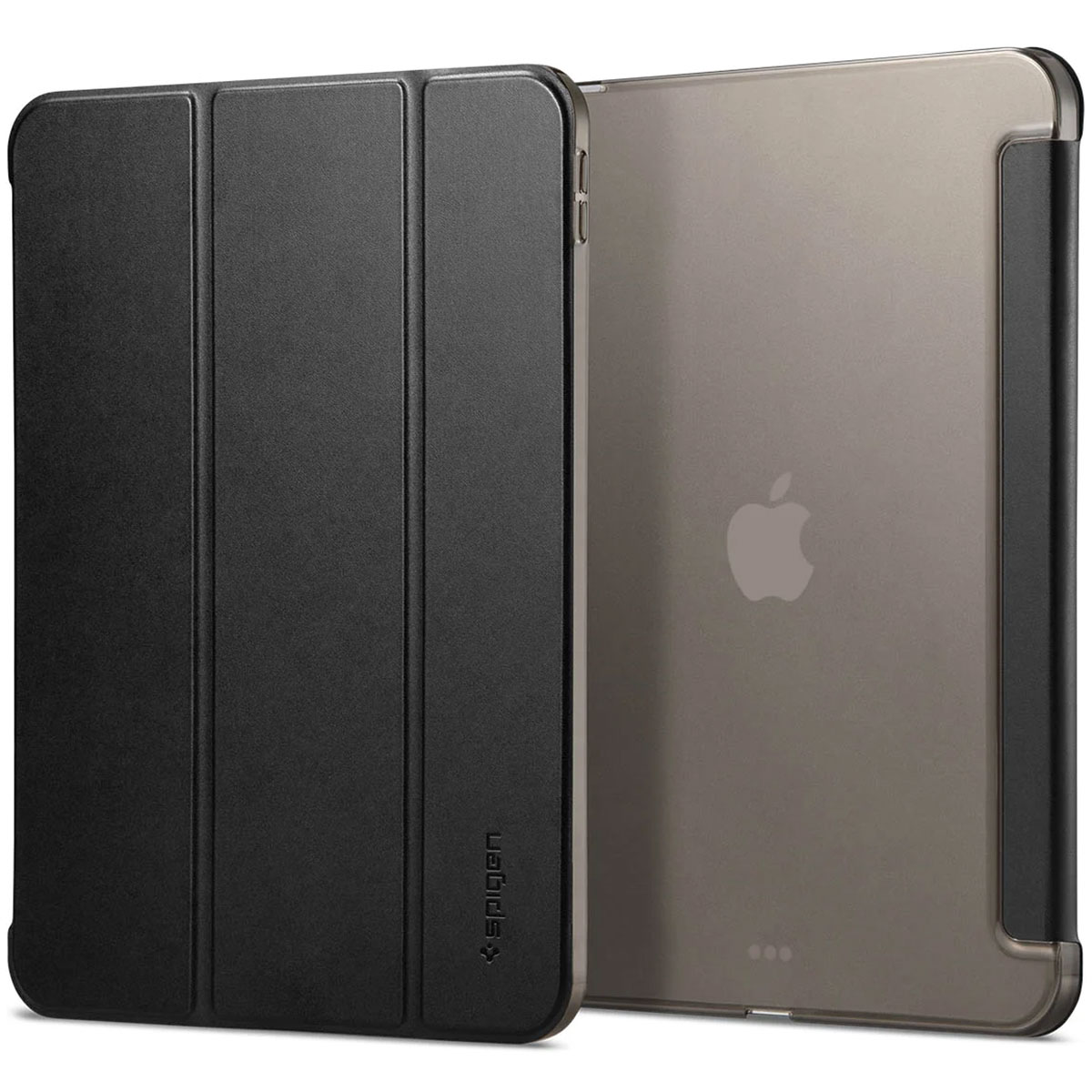 Étui de tablette noir avec une couverture, montrant l'arrière d'une tablette.