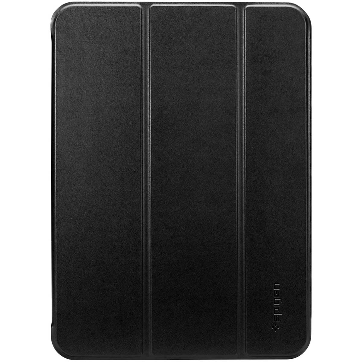 Étui de tablette noir, fermé et uni, avec le logo Spigen en bas à droite.