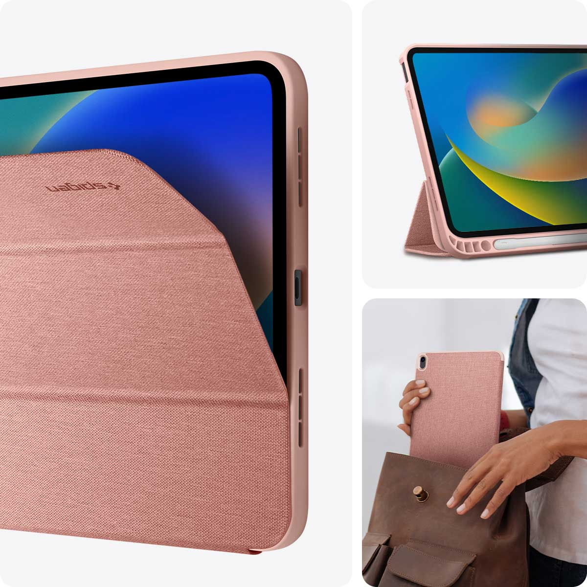 A pink tablet case with a folded cover, and an image of a tablet in a case.