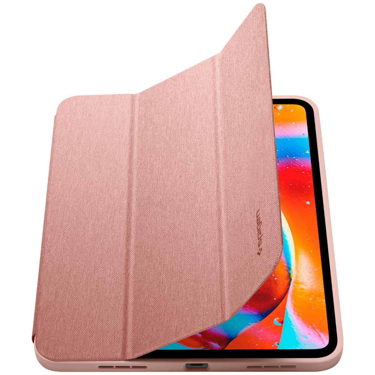 Pink tablet case, open, showing the tablet screen.
