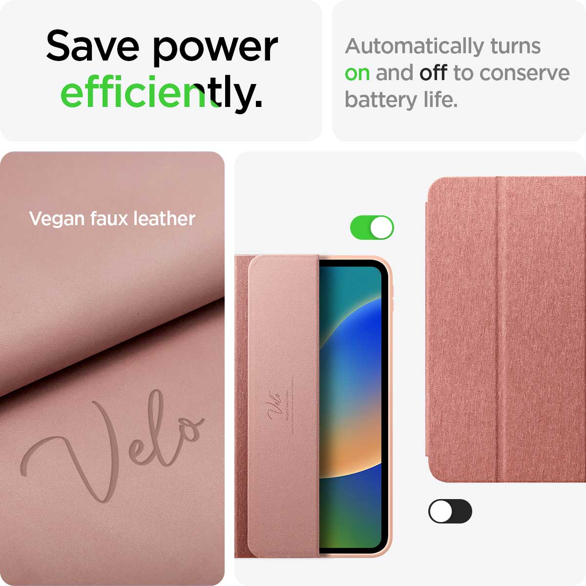 Pink faux leather phone case with phone inside. Text: Save power efficiently, on/off switch.