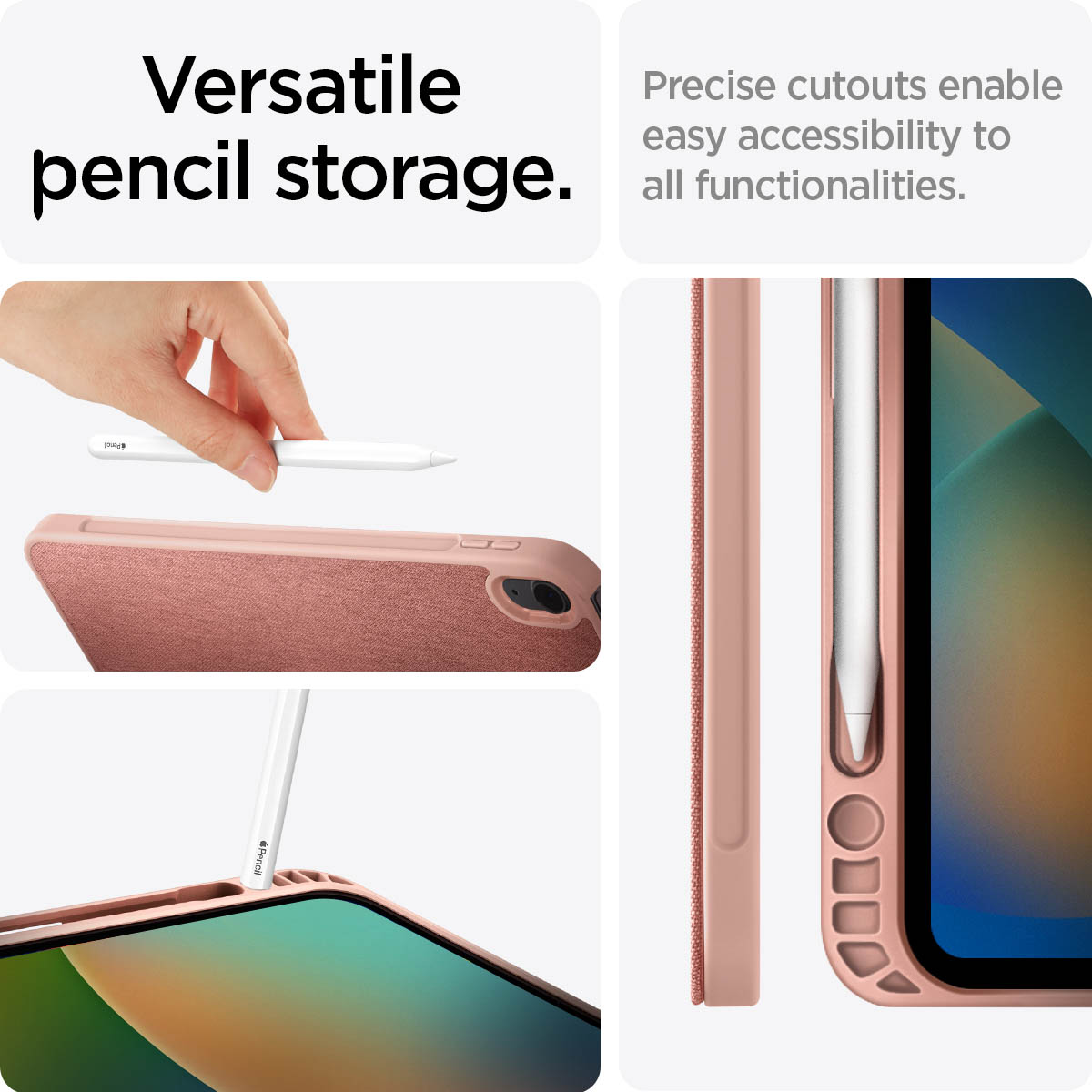Tablet case with pencil storage. A hand inserts a pencil. Side view shows the pencil in place.
