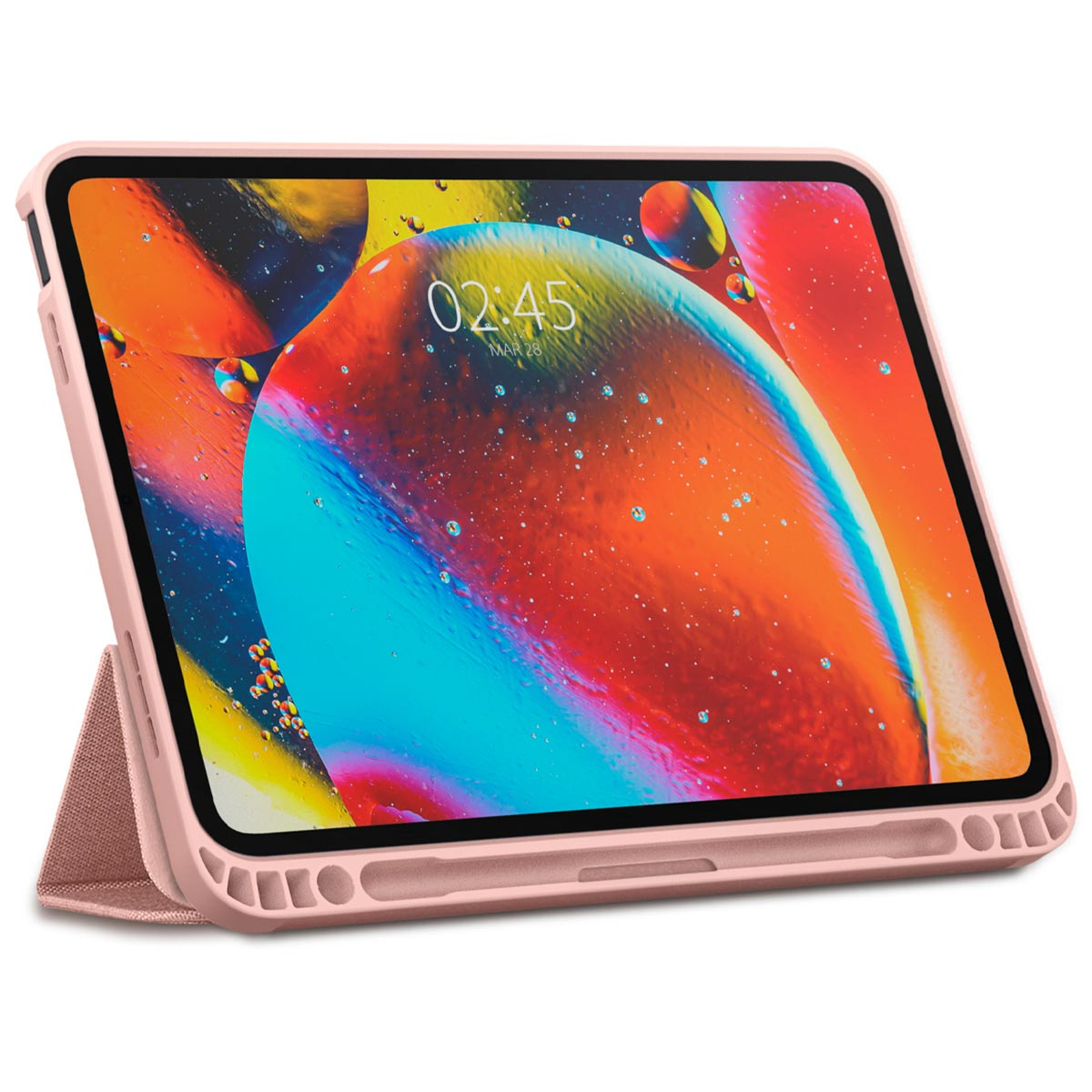 Pink tablet in a pink case with a stand. Tablet shows a colorful abstract image. 