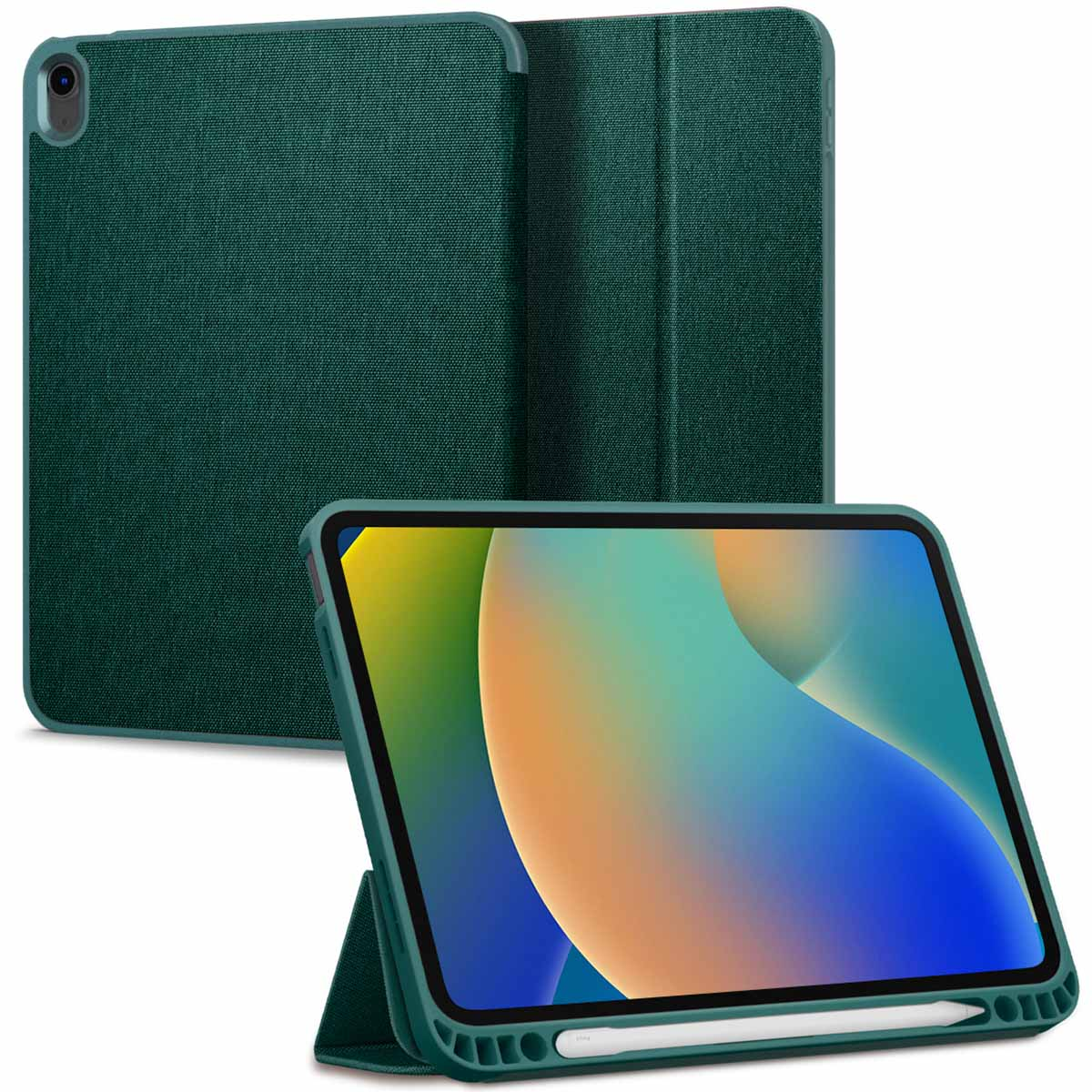 Green tablet case, open. The tablet is visible and held in a stand-like position.