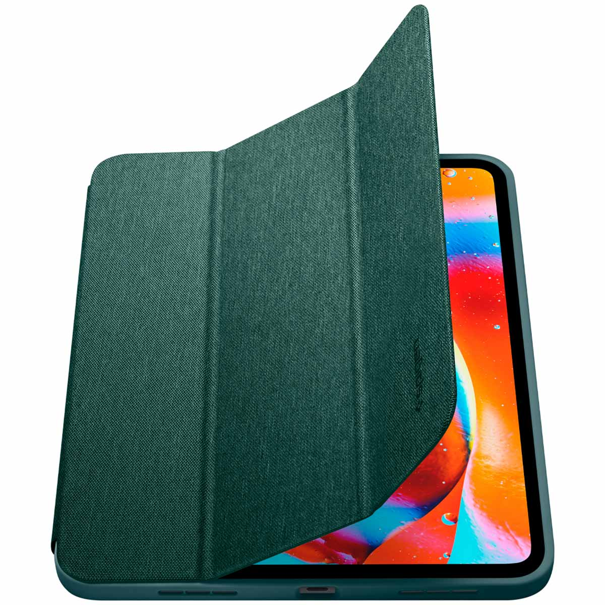 An open green iPad cover with a screen displaying a colorful image. The cover is open, revealing the screen.